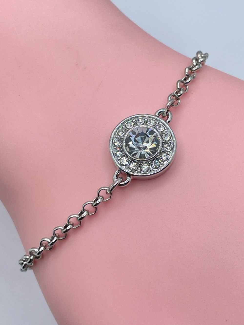 Swarovski Crystal Elements Diamond White Halo Chain Bracelet Silver Adjustable